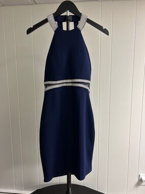 My Michelle Navy One-Shoulder Cocktail Dress with Silver Embellishment